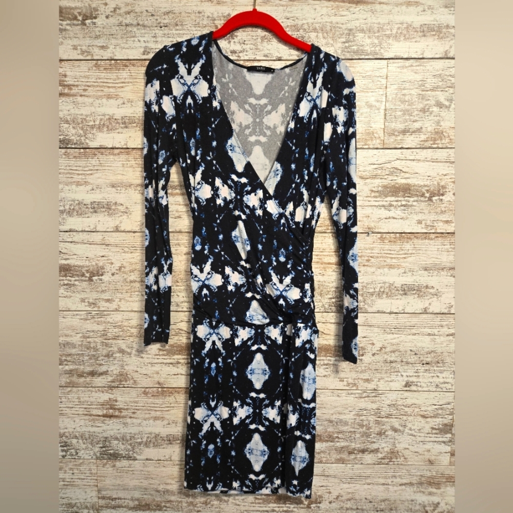 Tart Faux Wrap Dress Blue White Tie Dye Knit Size XS Long Sleeve